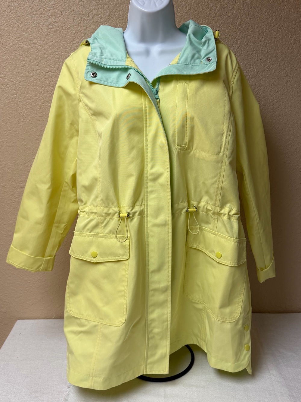 4/$20 Talbots Yellow Raincoat with Mint Lined Hood